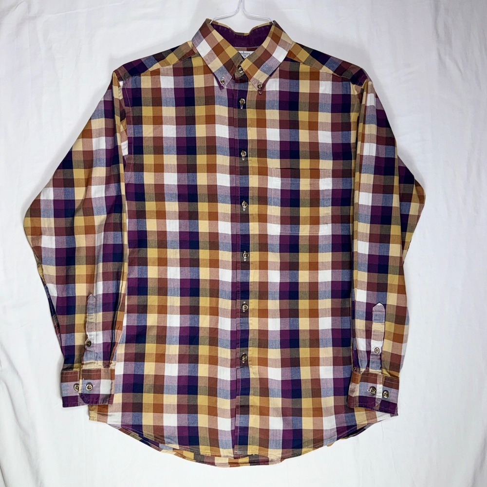 Turnbury Mens Lustrous Cotton Plaid Button Down Shirt Purple Gold Brown Size M - Picture 2 of 8